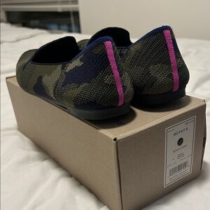 Rothy's Green Camouflage Flats with Pink Accent
